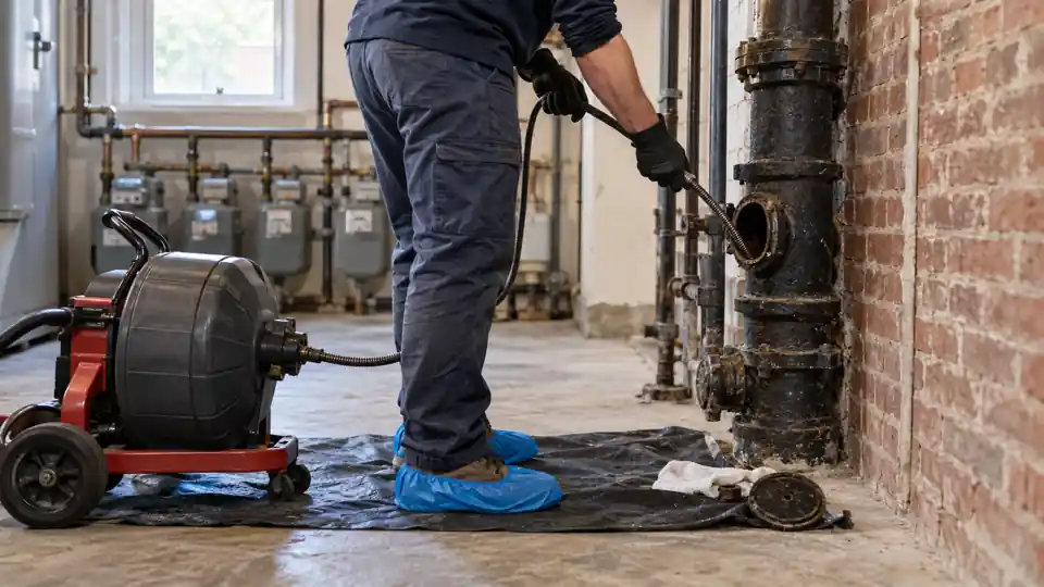 Apartment drain cleaning Bremerton WA tech with shoe covers clearing a shared stack cleanout beside a fourplex
