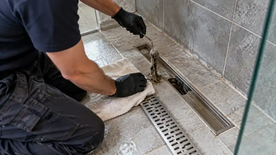 Bathroom drain cleaning Bremerton WA tech lifting hair out of a shower drain in an older home