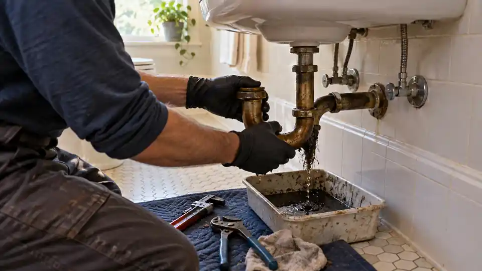 Clogged drain repair Bremerton WA tech clearing a bathroom sink trap in an older home