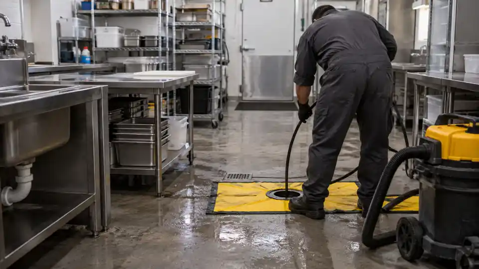 Commercial drain cleaning Bremerton WA tech jetting a restaurant kitchen floor drain after closing