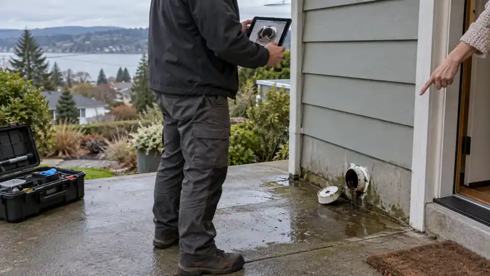 Drain cleaning quote Bremerton customer talking with a local tech at the front door