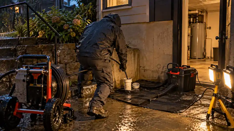 Emergency drain cleaning Bremerton WA tech arriving at night with a sewer cable and work lights