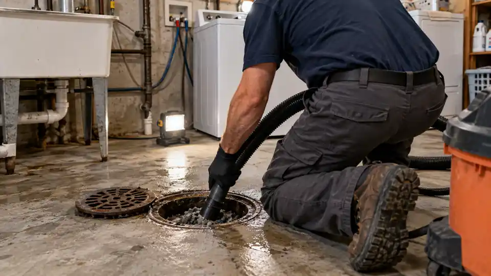 Floor drain cleaning Bremerton WA tech lifting a grate off a basement floor drain