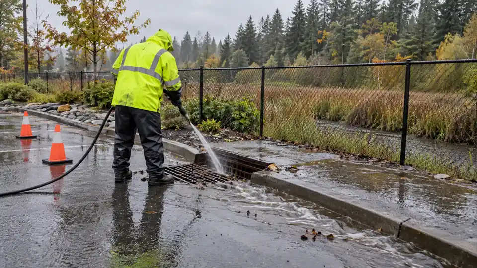 Drain cleaning Gorst WA tech jetting a storm drain near Gorst Creek beside SR 3