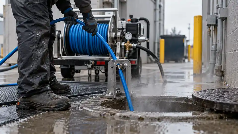 Hydro jetting Bremerton WA tech guiding a high pressure jetter hose into a sewer cleanout