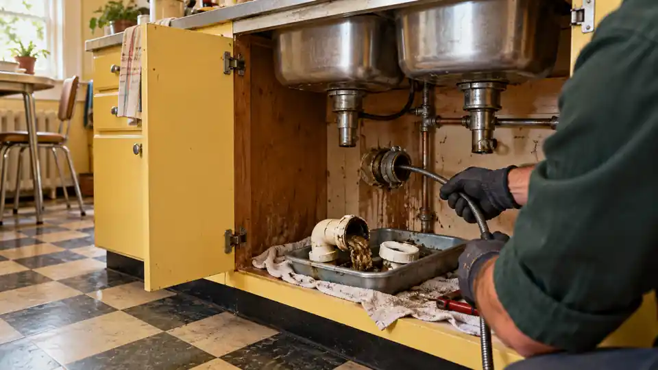 Kitchen sink drain cleaning Bremerton WA tech pulling the trap under a double sink