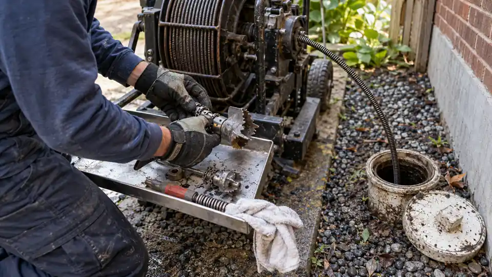 Main line drain cleaning Bremerton WA tech feeding a large cable into a yard cleanout