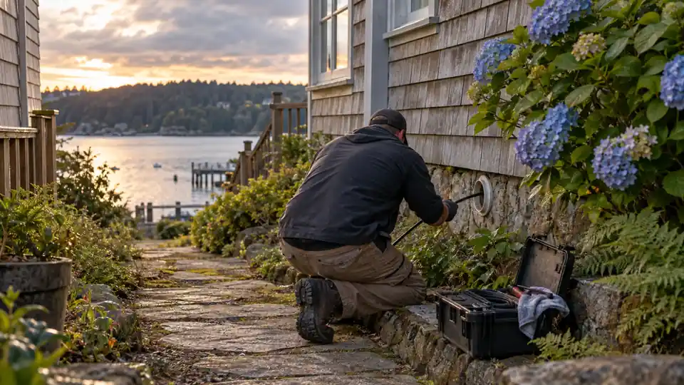 Drain cleaning Manchester WA tech clearing a side sewer behind an older cottage near the waterfront