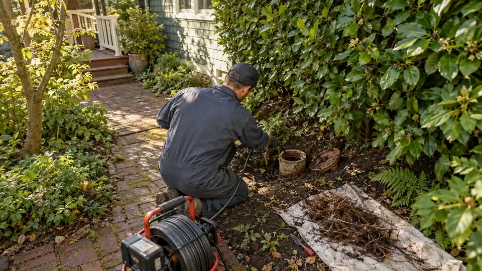 Drain cleaning Manette Bremerton tech running a root cutter into a cleanout behind a craftsman home