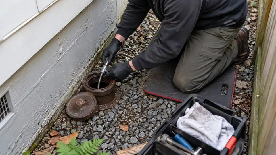Drain cleaning Navy Yard City WA tech clearing a cleanout at a small rental duplex near Kitsap Way