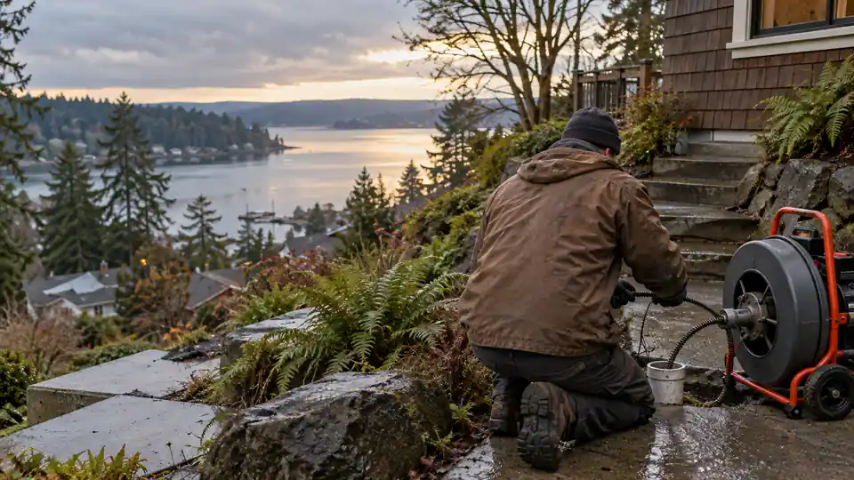 Drain cleaning Port Orchard WA tech with a cable machine outside a hillside home above Bay Street