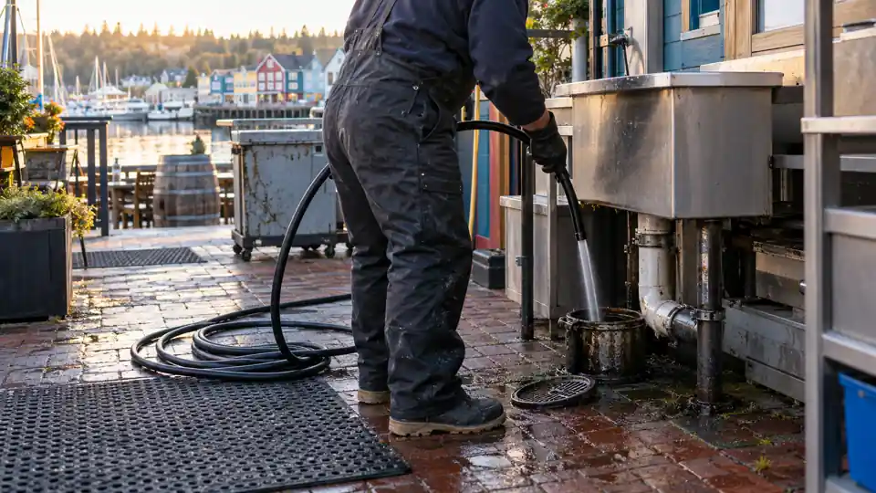 Drain cleaning Poulsbo WA tech jetting a grease line behind a restaurant near Front Street