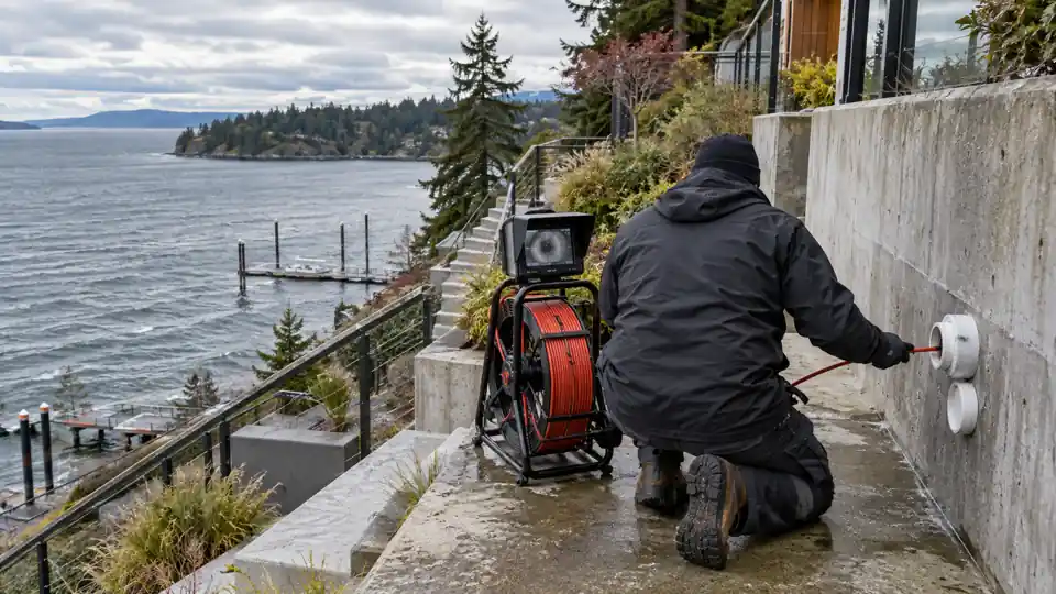 Drain cleaning Rocky Point Bremerton tech running a camera into a sewer line at a waterfront home near Ostrich Bay