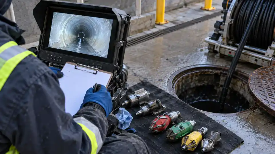 Drain maintenance service Bremerton WA tech logging a camera check after a planned jetting visit