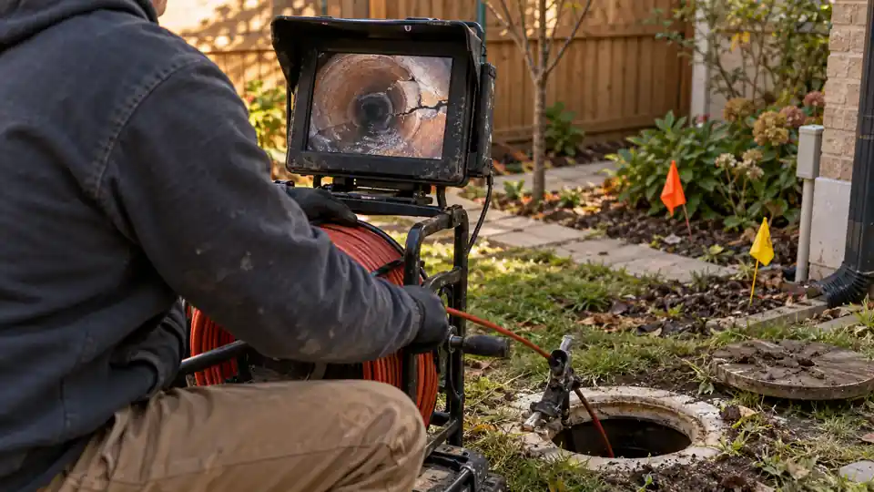 Sewer camera inspection Bremerton WA tech reviewing pipe video on a monitor beside a yard cleanout