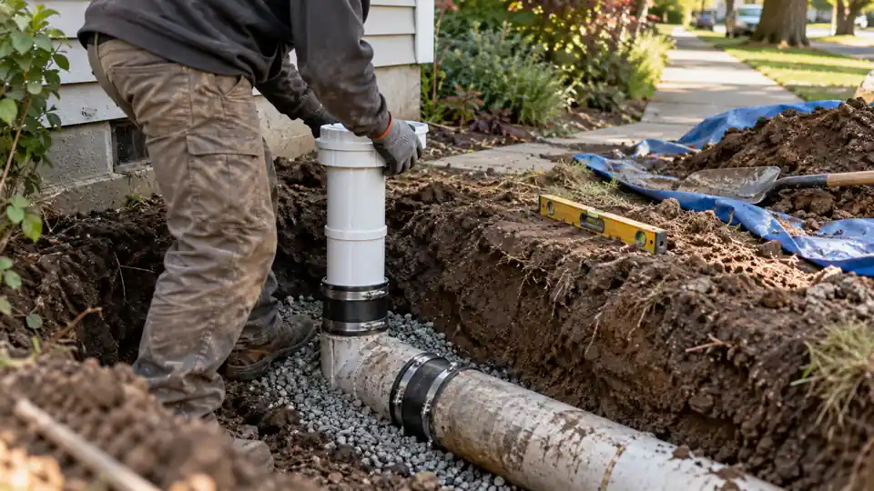 Drain cleaning Sheridan Park Bremerton tech digging in a new outside cleanout beside a small older home off Sheridan Road