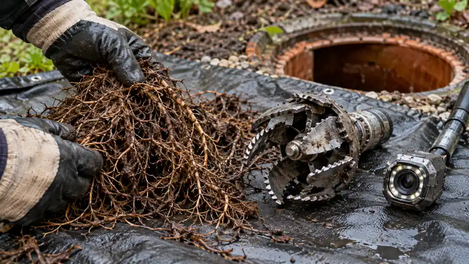 Sewer root removal Bremerton WA camera screen showing roots entering a clay pipe joint