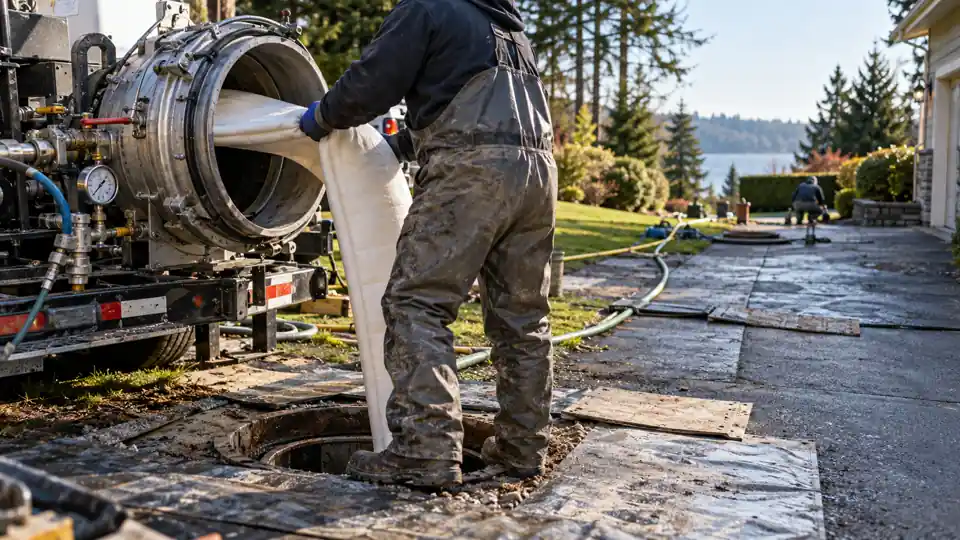 Trenchless sewer repair Bremerton WA crew feeding a liner into a small access pit beside a driveway