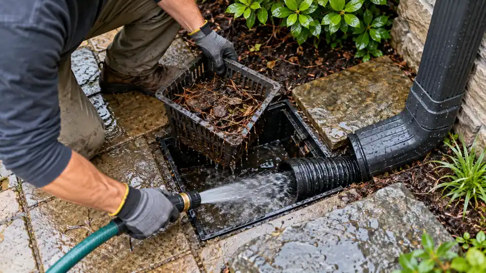 Yard drain cleaning Bremerton WA tech lifting a catch basin grate beside a downspout boot